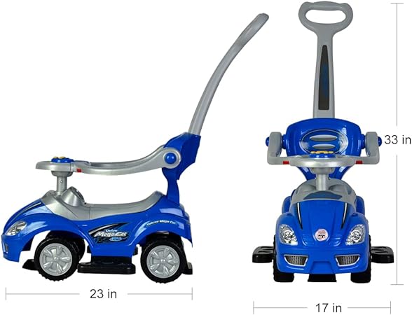 Chrome Wheels Push Cars for Toddlers, 3 in 1 Ride on Push Car with Guardrail, Ride on Toys Mega Car w/Handle & Horn & Music, Blue