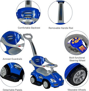 Chrome Wheels Push Cars for Toddlers, 3 in 1 Ride on Push Car with Guardrail, Ride on Toys Mega Car w/Handle & Horn & Music, Blue