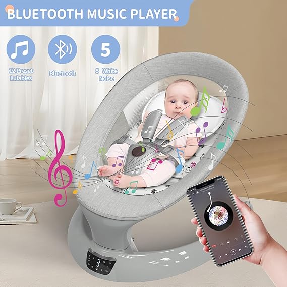 Baby Swings for Infants, Electric Baby Swing With Remote Control for Baby Boy Girl, Remote Portable Baby Bouncer and Rocker Indoor with Bluetooth, 5 Sway Speeds, 12 Music 5 Natural Sounds and 1 Seat Positions