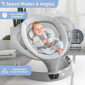 Baby Swings for Infants, Electric Baby Swing for Baby Boy Girl, Remote Portable Baby Bouncer and Rocker Indoor with Bluetooth, 5 Sway Speeds, 12 Music 5 Natural Sounds and 1 Seat Positions