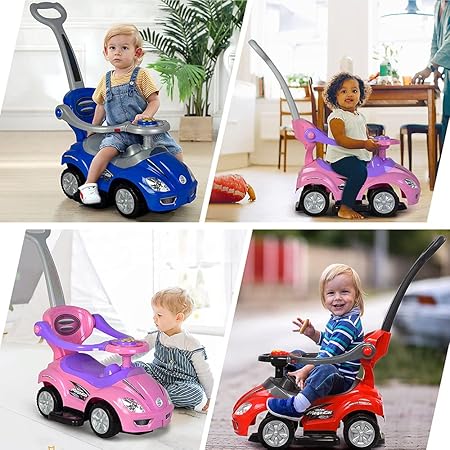 Chrome Wheels Push Cars for Toddlers, 3 in 1 Ride on Push Car with Guardrail, Ride on Toys Mega Car w/Handle & Horn & Music, Blue