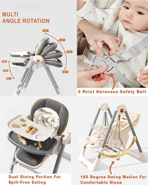 Multifunction 3 In 1 Baby High Chair Dining Chair Foldable Baby Eating Swing Seat Baby Feeding Chair for 0-6 years old