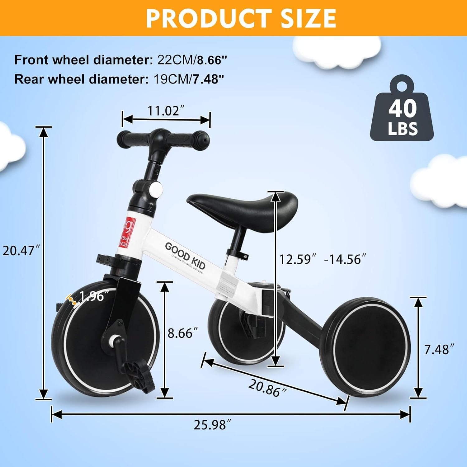 4 in 1 Kids Balance Bike Kids Tricycles for 1-4 Years, Toddlers Trike with Adjustable Seat Indoor Outdoor, BIG TIRE