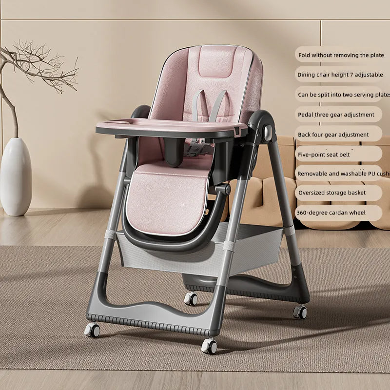 3 In 1 Baby Feeding High Chair With 8 Height Adjustable, Footrest, Tray, 160 Degree Recline, 5 Point Safety Belt And Wheels, 0 Months To 6 Years, Grey