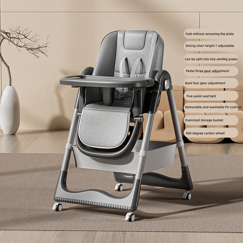 3 In 1 Baby Feeding High Chair With 8 Height Adjustable, Footrest, Tray, 160 Degree Recline, 5 Point Safety Belt And Wheels, 0 Months To 6 Years, Grey