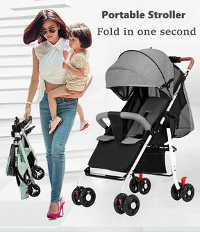 Lightweight Travel Stroller, Foldable Baby Stroller With Large Storage Basket, Multi-Position Recline, Convenient One-hand Fold, Comfortable & Lay Flat (Grey)